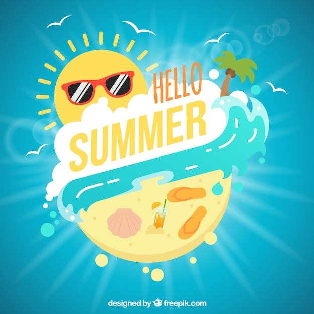 Free vector funny summer background with sun and sea