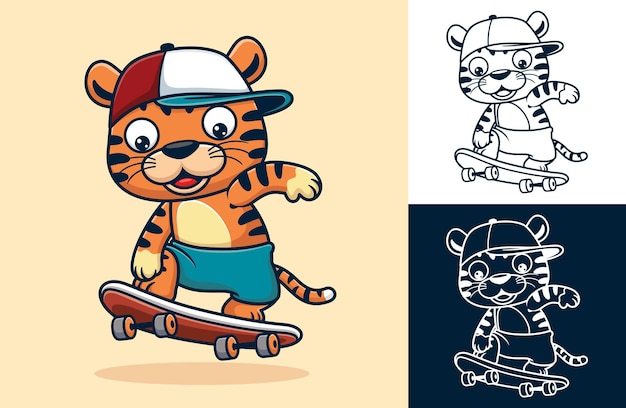 Funny tiger cartoon wearing hat playing skateboard