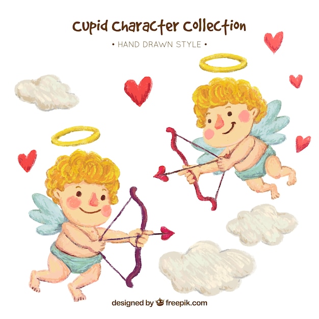 Free vector funny watercolor cupids with bow