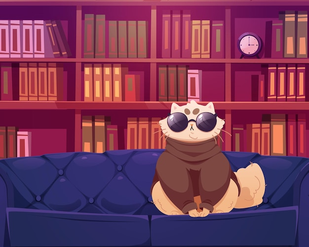 Free vector funny white cat in sunglasses and sweater on sofa