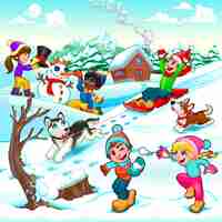 Free vector funny winter scene with children and dogs cartoon vector illustration