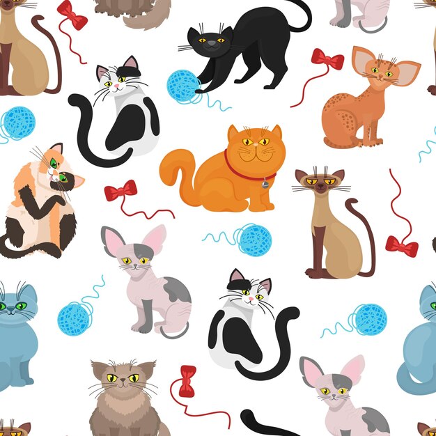 Fur cats pattern background. Color cat with tangle of threads. Illustration of domestic playful cat