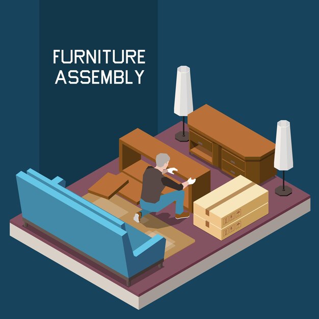 Furniture assembly carpenter service isometric composition with man making chest of drawers in living room