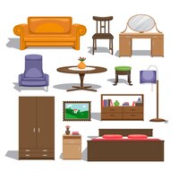 furniture for bedroom. lamp and table, chair and picture, chest of drawers and wardrobe, double bed and sofa, table and interior.