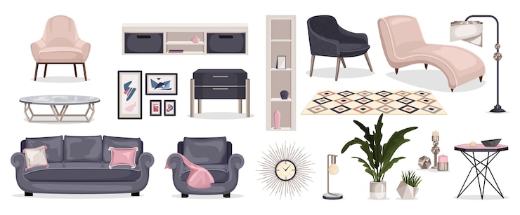 Free Vector furniture interior color set of isolated icons with designer furniture images with lounge chairs shelves tables vector illustration