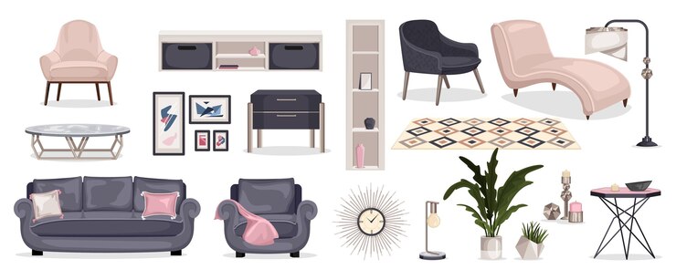 Free Vector furniture interior color set of isolated icons with designer furniture images with lounge chairs shelves tables vector illustration