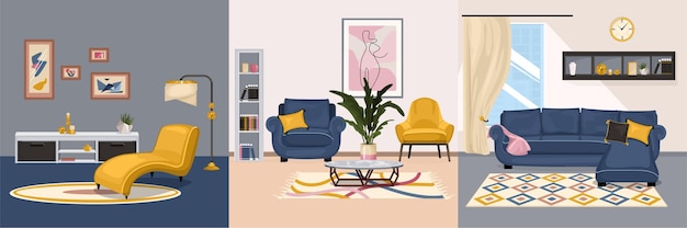 Концепция дизайна интерьера мебели с набором квадратных композиций с видами на интерьеры с дизайнерской мебелью