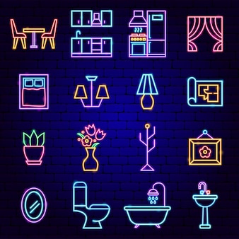 Furniture interior neon icons. vector illustration of house promotion.