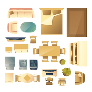 Free Vector | Furniture and kitchen appliances top view cartoon