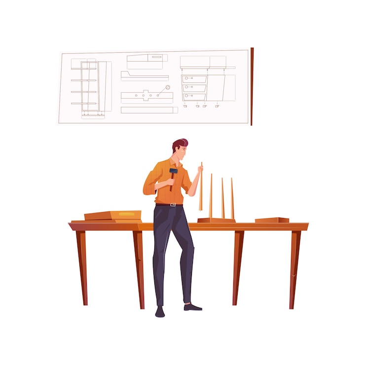 Free Vector furniture maker making wooden stool in his workshop flat