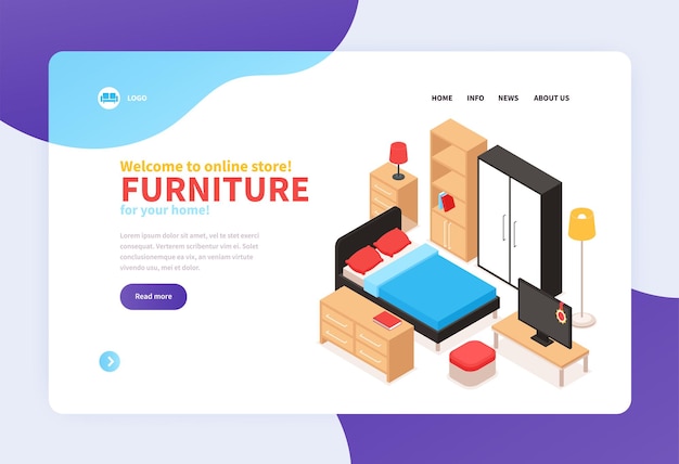 Furniture online store landing page with contact information and home furnishings isometric
