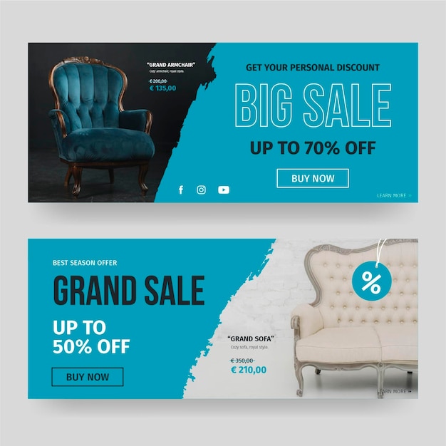 Free vector furniture sale banners template with photo