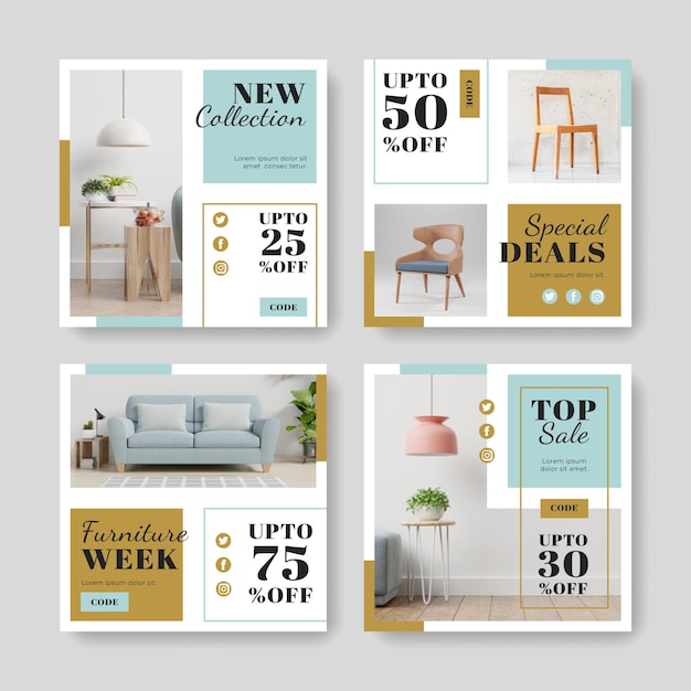 Free vector furniture sale ig post set with photo