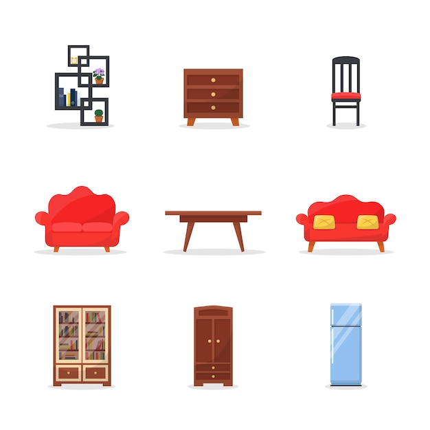 Free vector furniture set living room red luxury sofa dining room wooden table chair private office bookshelf room interior design elements