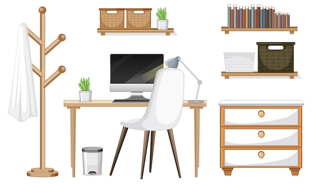 白い背景の上のワークスペースのインテリアデザインの家具セット