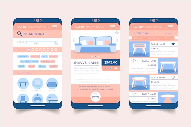 無料ベクター 家具ショッピングアプリのインターフェース