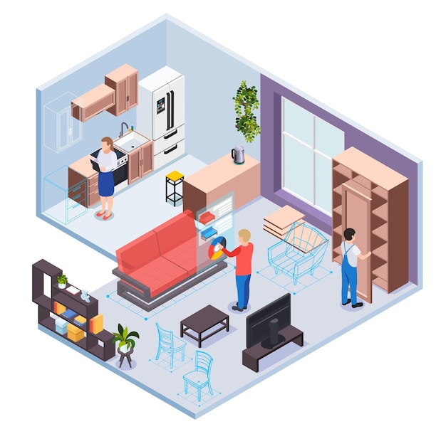 Vettore gratuito showroom di mobili con servizio di realtà virtuale sezioni cucina e soggiorno personaggi visitatori e lavoratori isometrici