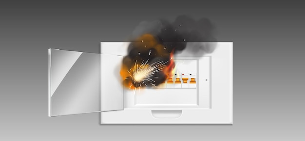 Fuse box in fire, short circuit and overload in electrical panel. Ignition hazard due to faulty wires, shortcut at home electric system. Burning switchboard with smoke Realistic 3d vector illustration