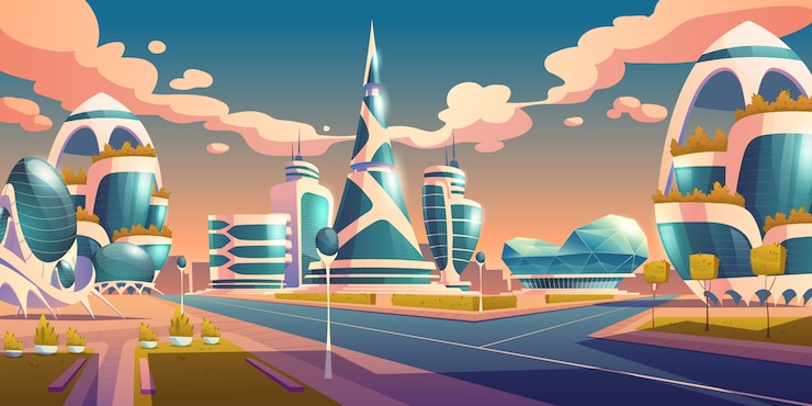 Free Vector future city futuristic buildings with glass facade