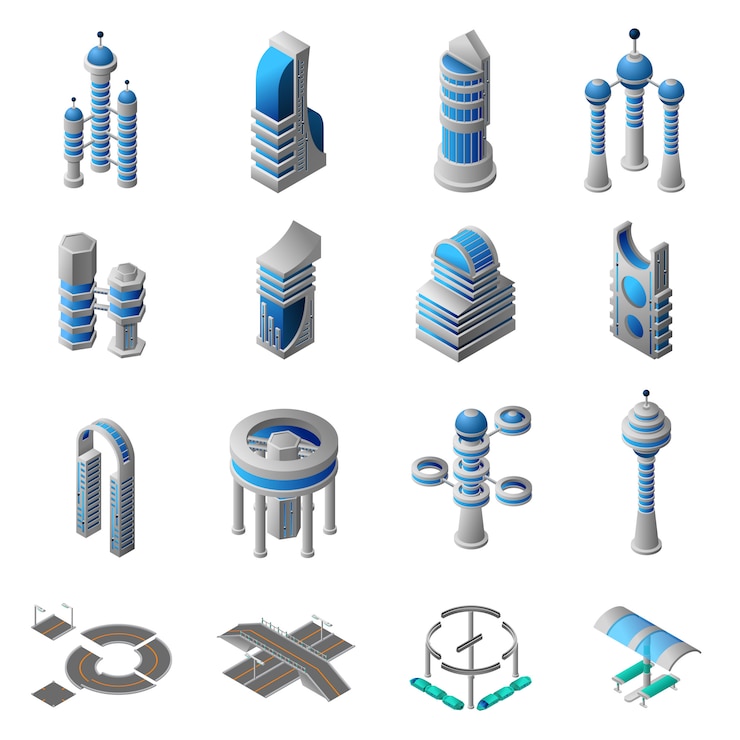 Free Vector future city isometric icons set