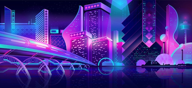 Город будущего ночной пейзаж неоновый мультфильм