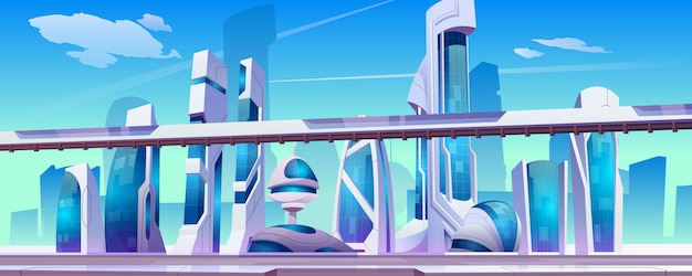 Future city street with futuristic glass buildings of unusual shapes,