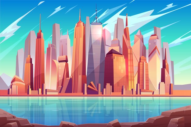 Future metropolis downtown, modern city business center cartoon  background 