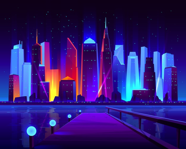 Будущая мегаполисная набережная с подсветкой неоновыми цветами освещает футуристические небоскребы