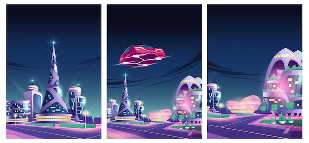 Future night city illustration with flying car and futuristic neon glowing glass buildings