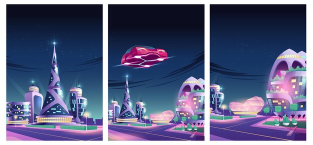 Иллюстрация будущего ночного города с летающей машиной и футуристическими неоновыми светящимися стеклянными зданиями