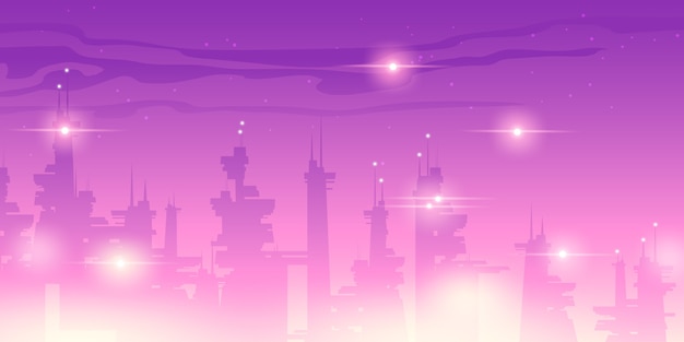 Бесплатное векторное изображение Ночной город будущего с футуристическими небоскребами
