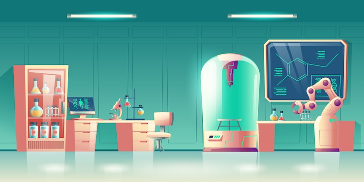 Free Vector future science laboratory, human genetics researcher workplace interior cartoon 