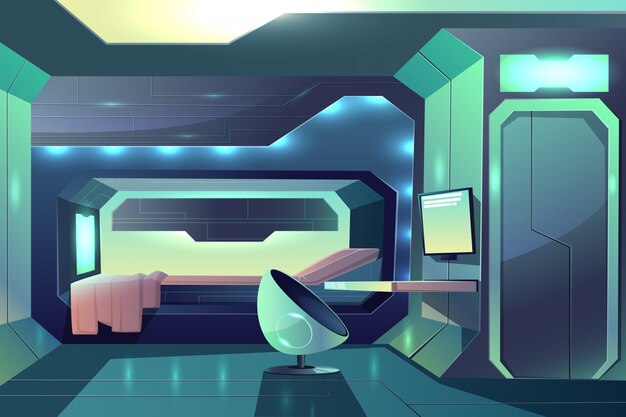 Future spaceship crew member personal cabin minimalistic interior with neon ambient light