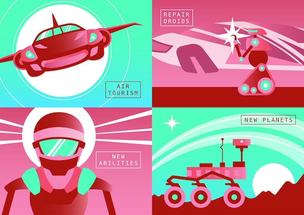 Future technologies 2x2 design concept set of  air tourism repair droids planet rover flat compositions