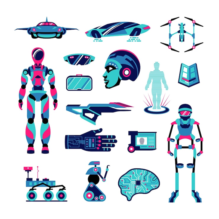 Free Vector future technologies color set of virtual reality gloves planet rover vehicle for air tourism chip implants droids vector illustration