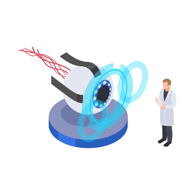 Future technology isometric icon with character of scientist and robotic eye 3d