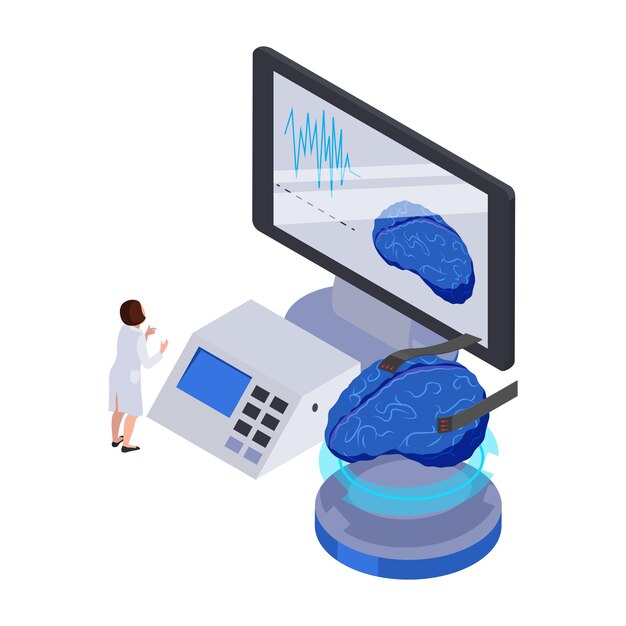 Future technology isometric icon with human brain computer equipment and character