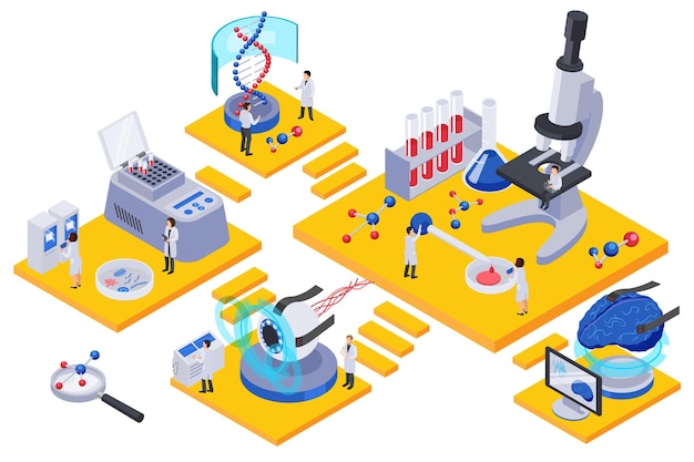 Composizione di stanze isometriche di tecnologia futura con personaggi di scienziati, provette e attrezzature di laboratorio