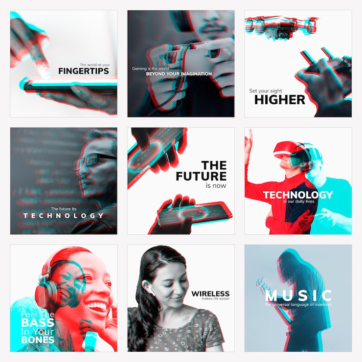 Free Vector the future of technology psd editable social media template with double color exposure effect collection