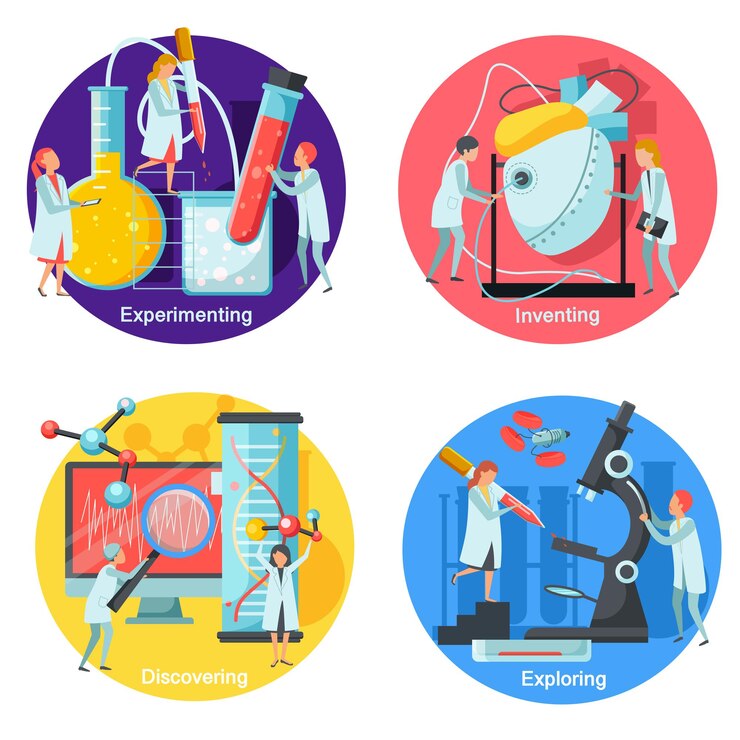 Free Vector future technology set with experiments and discoveries flat isolated
