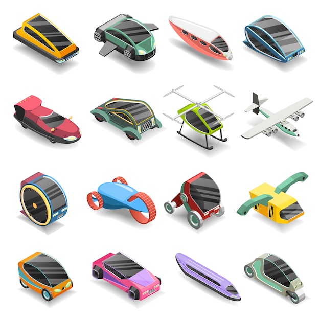 Future transport isometric icons set