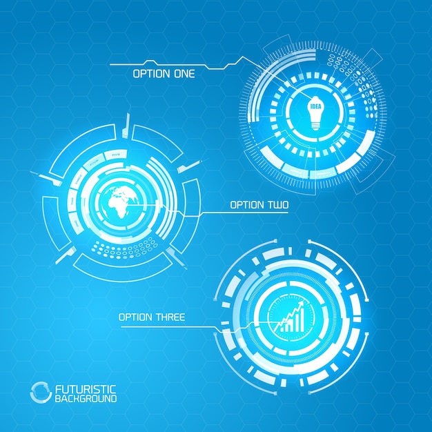 Futuristic abstract infographic concept with virtual glowing shapes icons and three options on blue