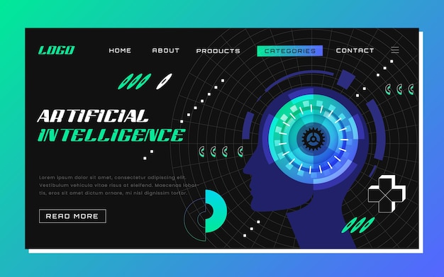 Futuristic artificial intelligence in data analysis concept machine learning landing page web banner design with ai cyber face profile website template of digital innovation and ai technology