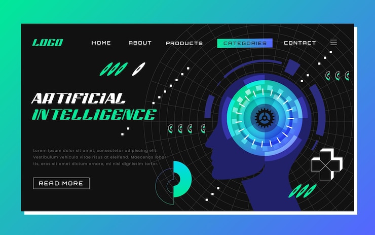 Free Vector futuristic artificial intelligence in data analysis concept machine learning landing page web banner design with ai cyber face profile website template of digital innovation and ai technology