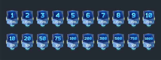 Free vector futuristic badges with level number and experience points for game ui design vector cartoon icons of...