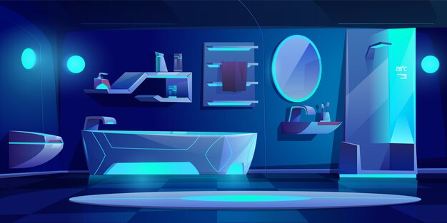 Futuristic bathroom interior with furniture and stuff glowing with neon light at darkness, bath tub, shower cabin, washbasin, toilet bowl, mirror, shelf, night modern home.