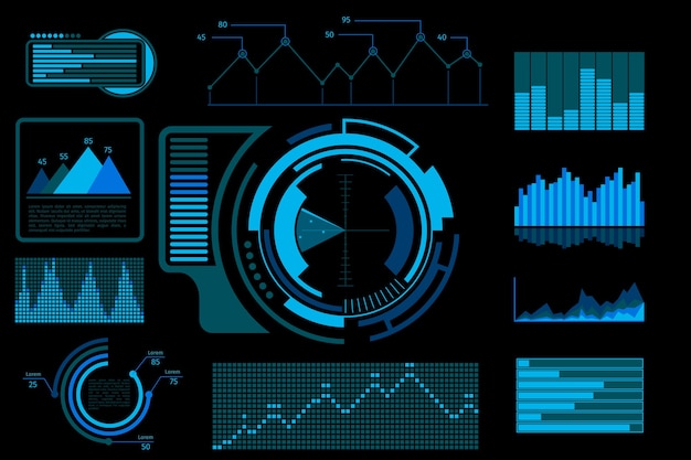 Interfaccia utente touch blu futuristica. schermo di visualizzazione del sistema, cruscotto elettronico digitale della tecnologia con infografica.