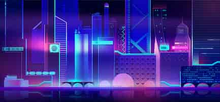 Free vector futuristic city background with neon illumination.