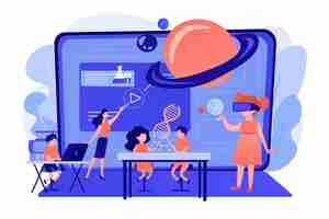 Free vector futuristic classroom, little children study with high tech equipment