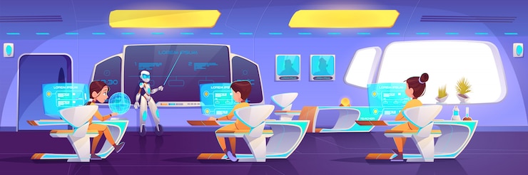 Free Vector futuristic classroom with kids and robot teacher